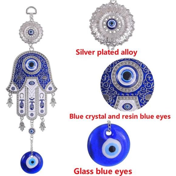 Evil Eye Fatima's Holy Hand Talisman Pendant, Handmade Turkish Ornament,  Blue - Picture 6 of 7